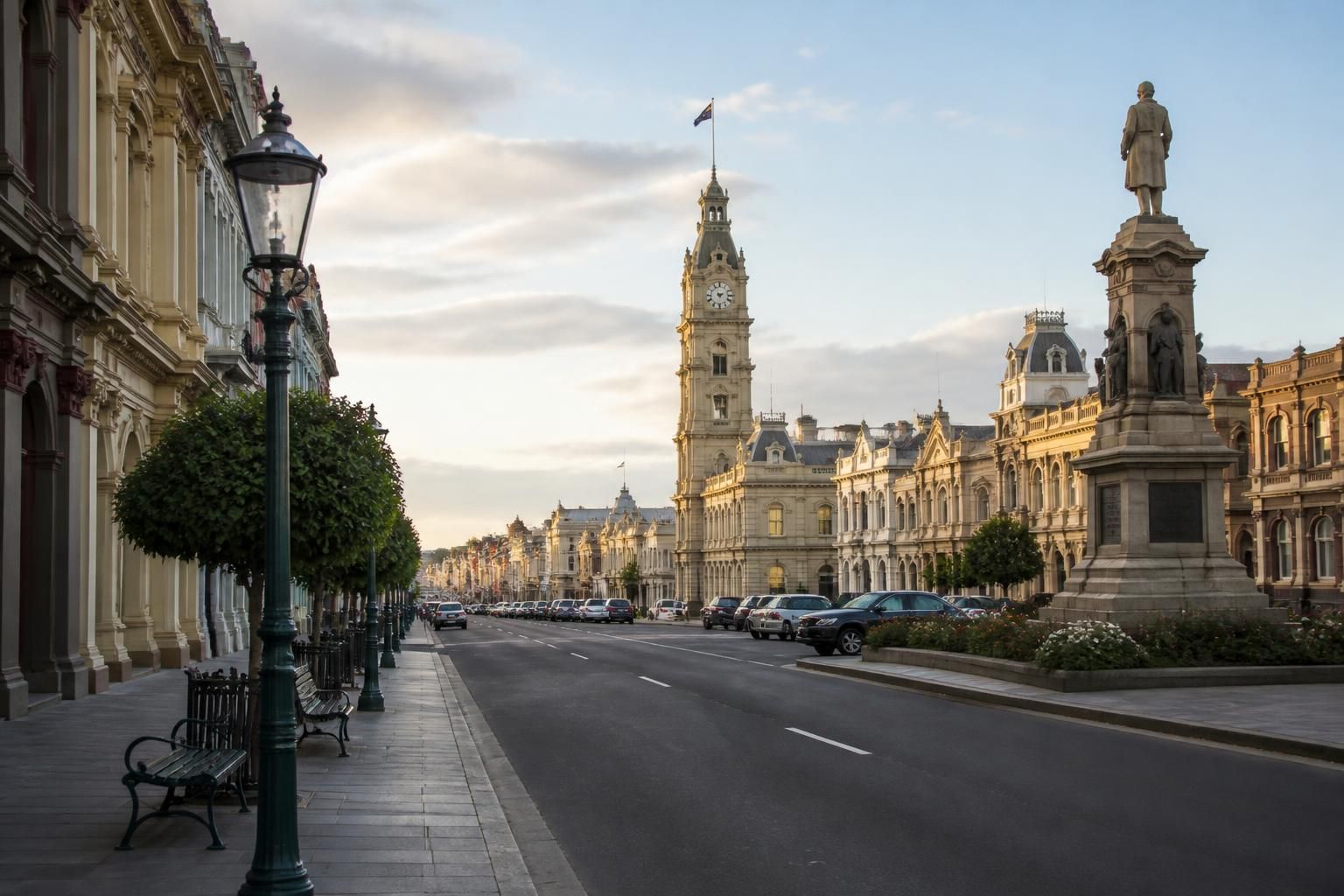 Historic Ballarat street with tidy footpaths and calm light.