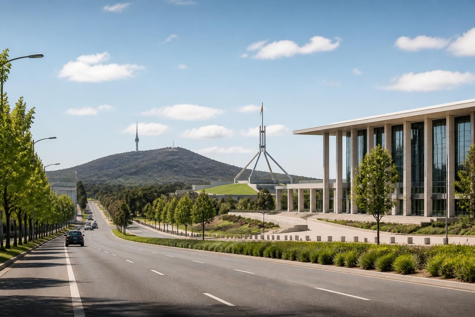 Canberra district with wide roads and modern civic buildings.