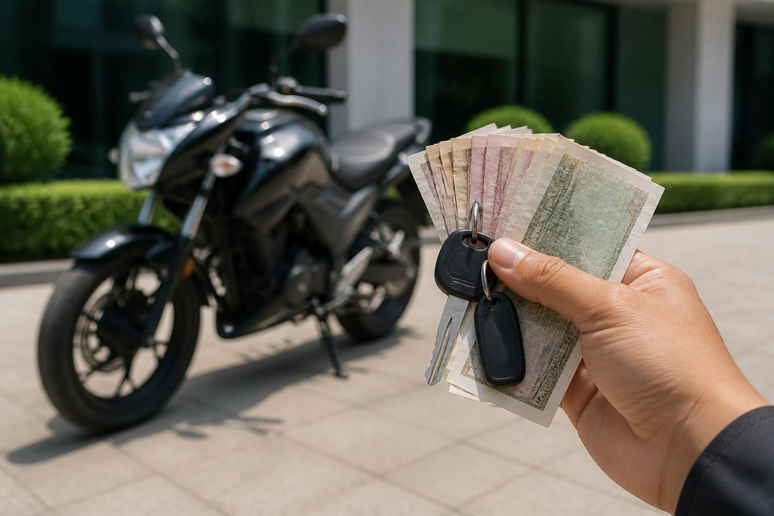 Motorcycle keys and cash beside a clean parked bike.