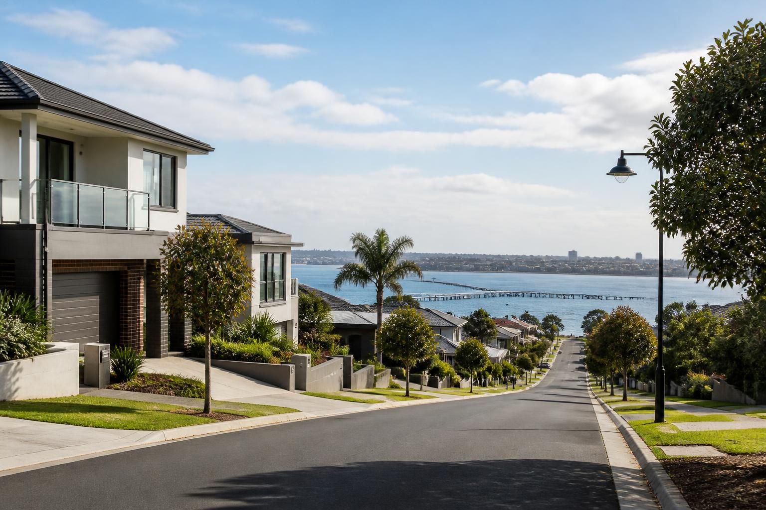 Clean Geelong street with modern homes and bayside atmosphere.
