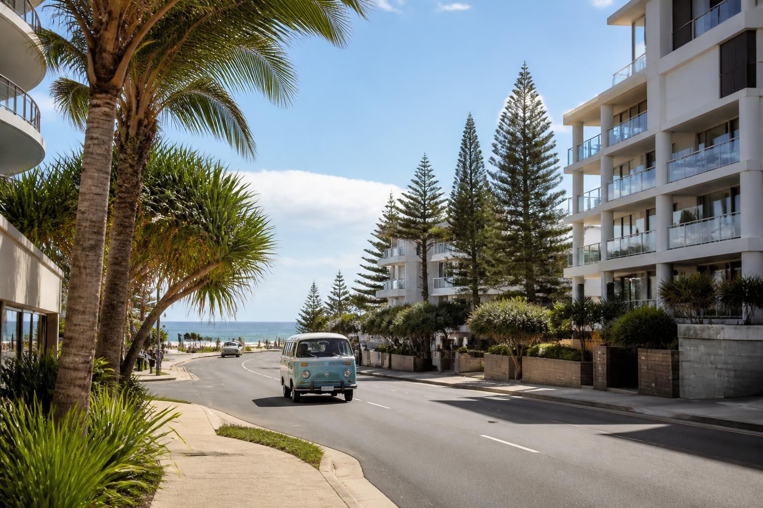 Palm-lined Gold Coast street with a bright coastal feel.