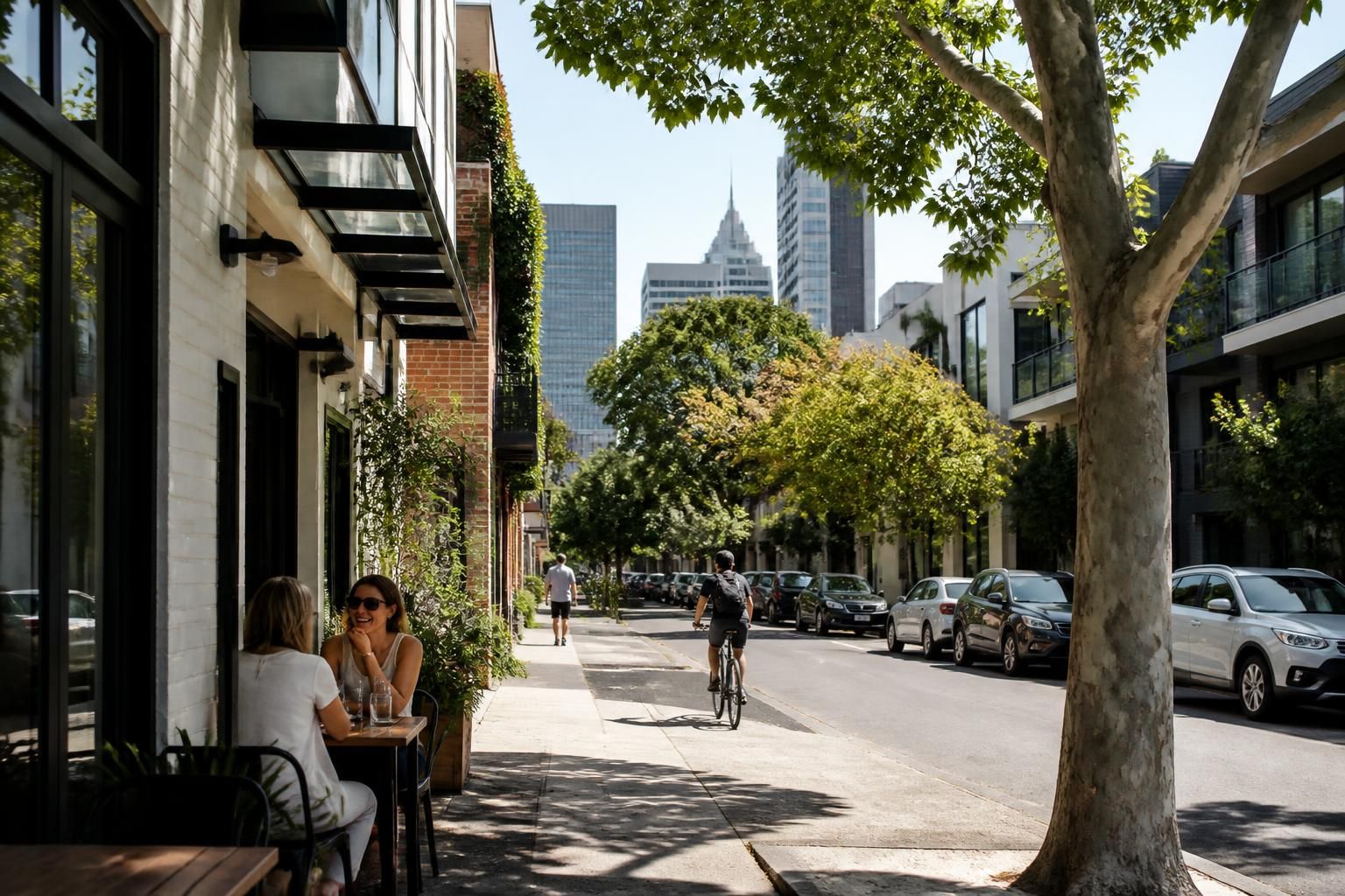 Tree-lined Melbourne street with modern buildings and calm atmosphere.