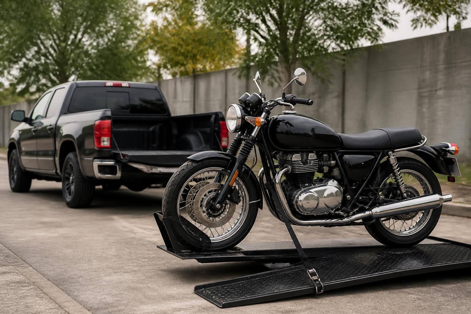 Motorcycle collection pickup scene with a clean tow setup.