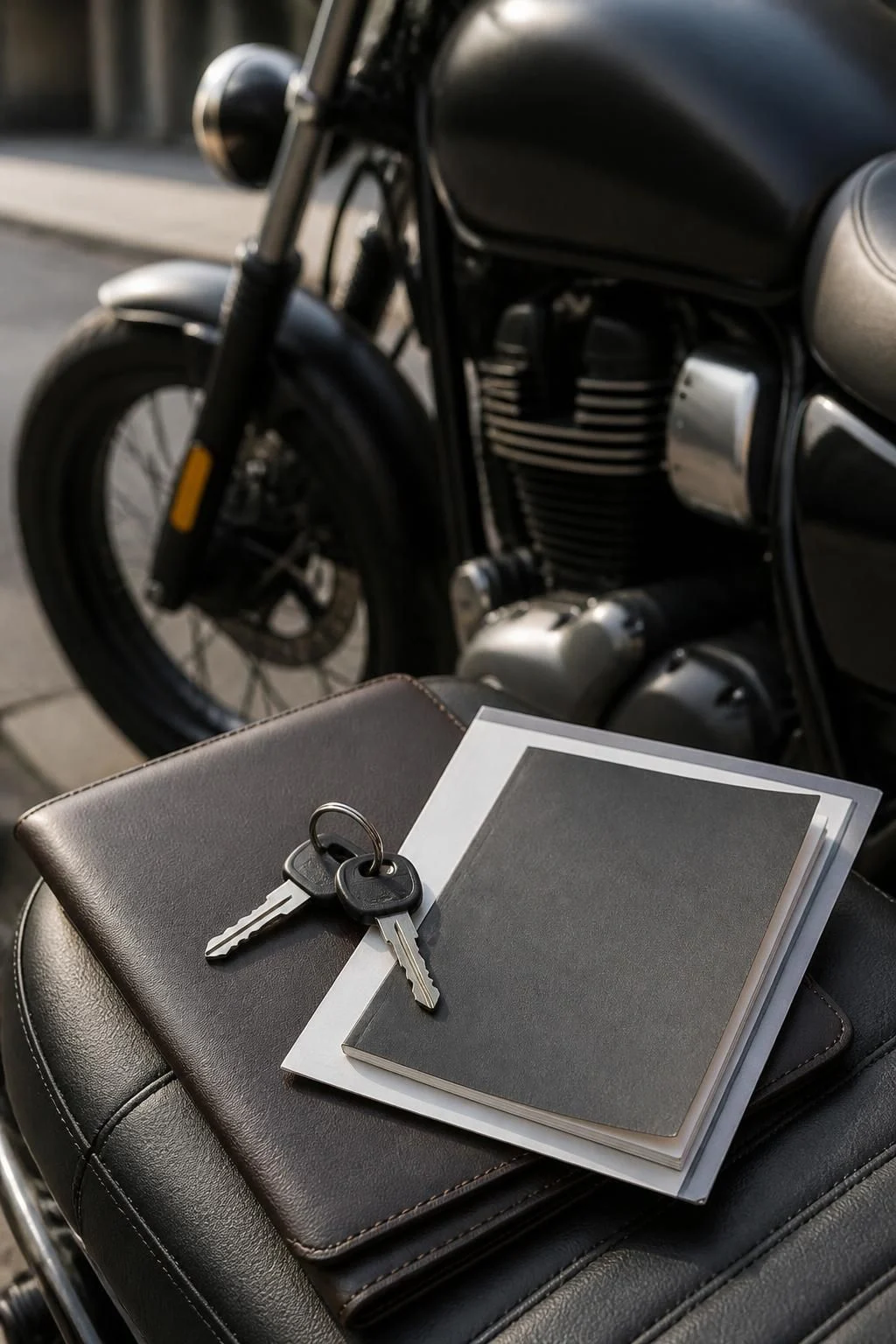 Polished motorcycle handover setup with keys and transfer papers nearby.