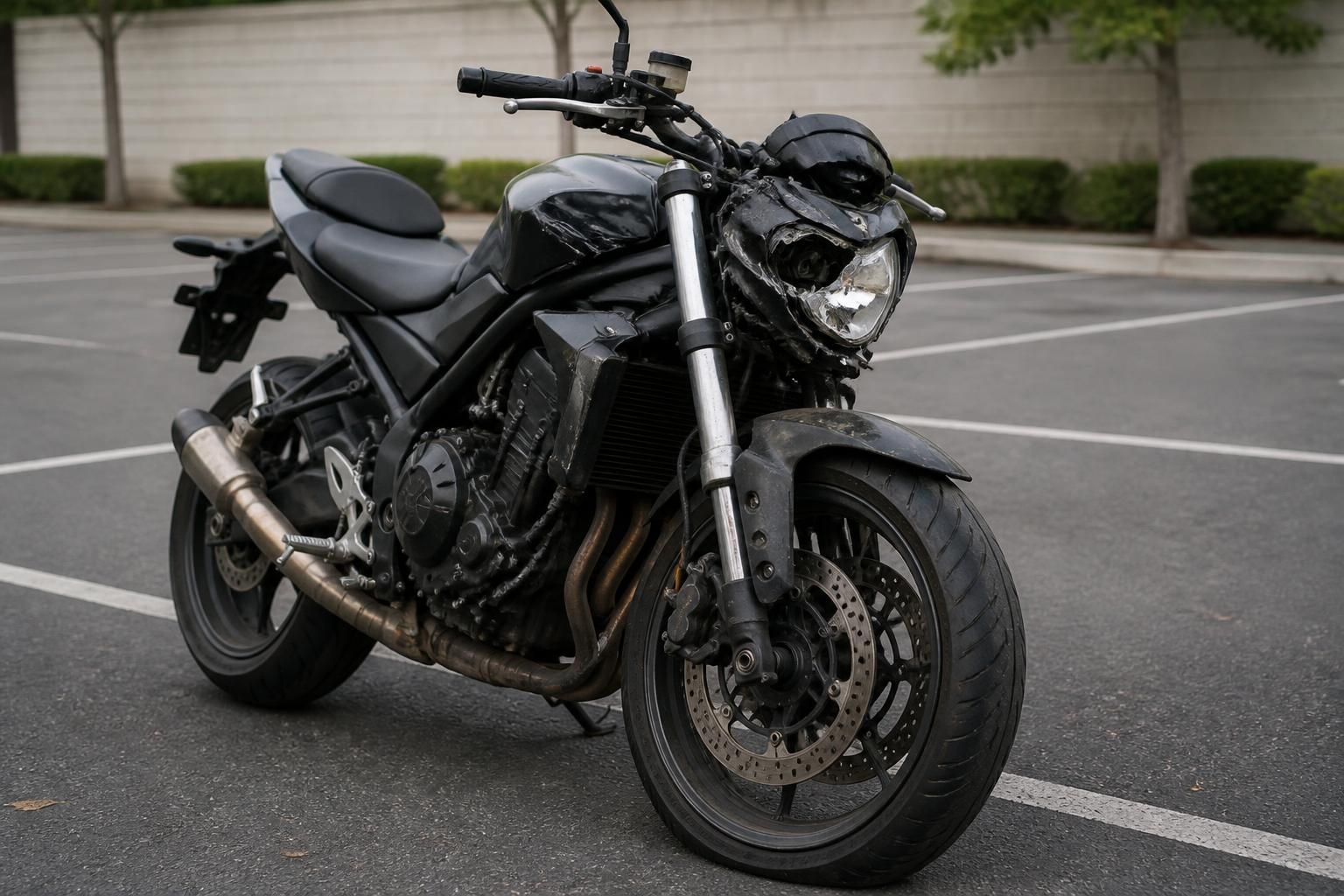 Damaged motorcycle parked in a clean organized lot.