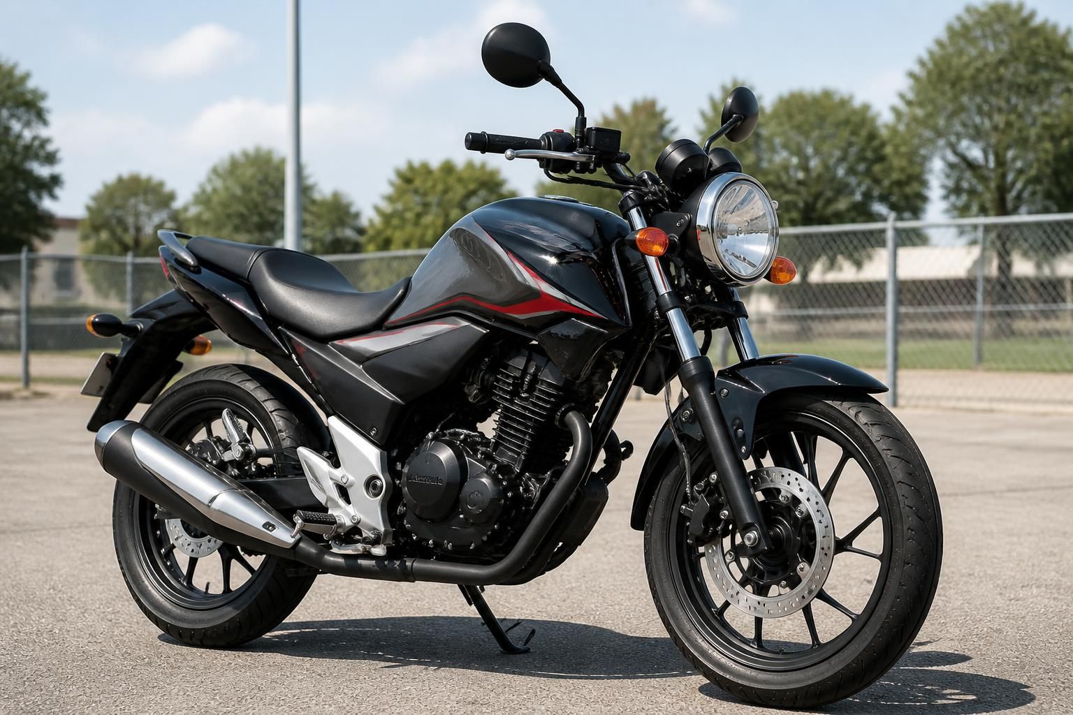 Clean motorbike ready for sale in a bright outdoor lot.