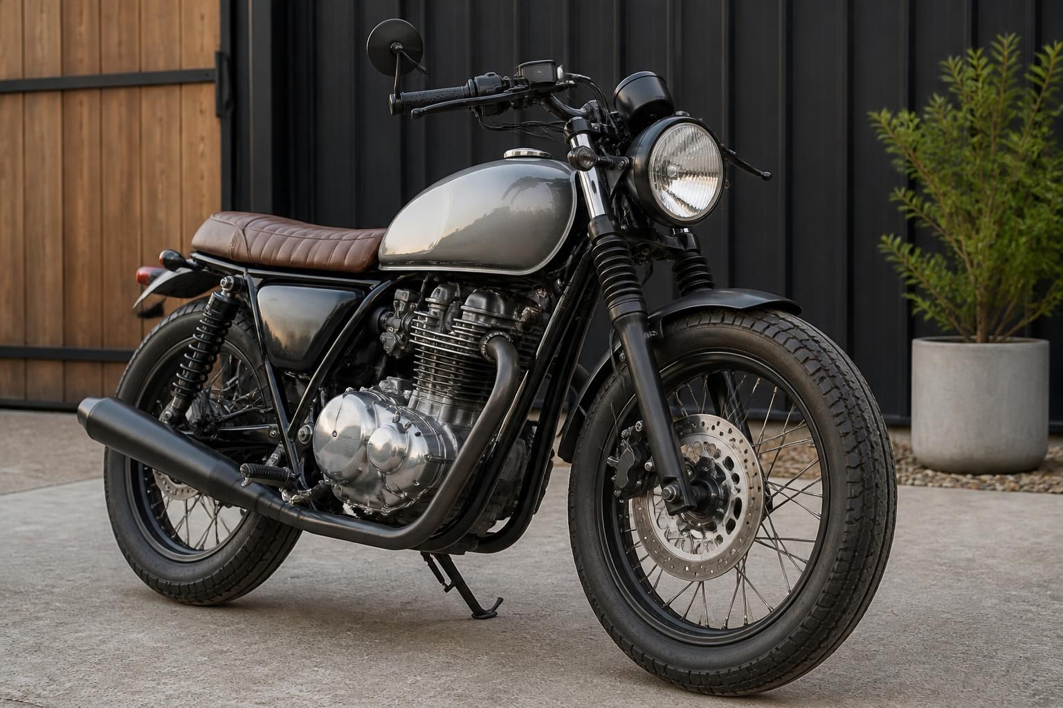 Non-running motorcycle in a neat pickup setting.