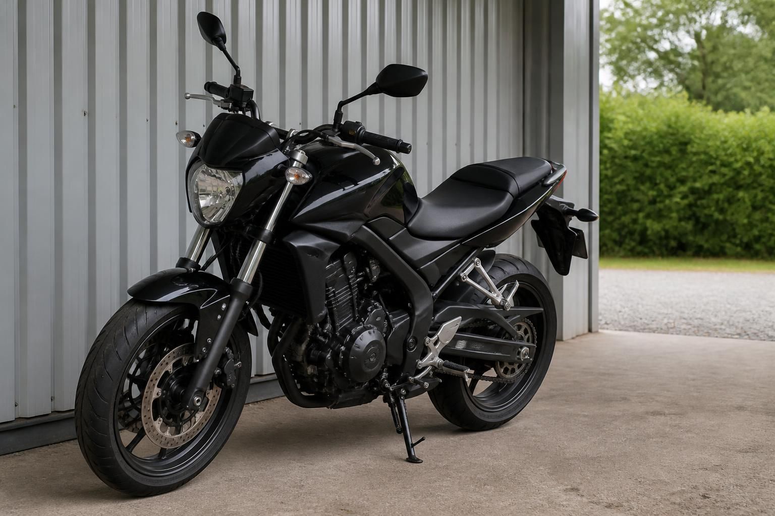 Unwanted motorcycle standing in a tidy pickup area.