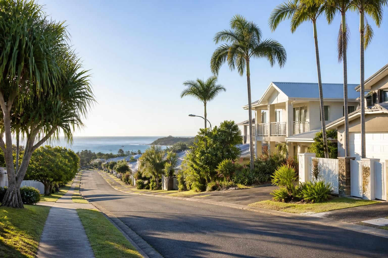 Bright Sunshine Coast street with palms and tidy coastal homes.