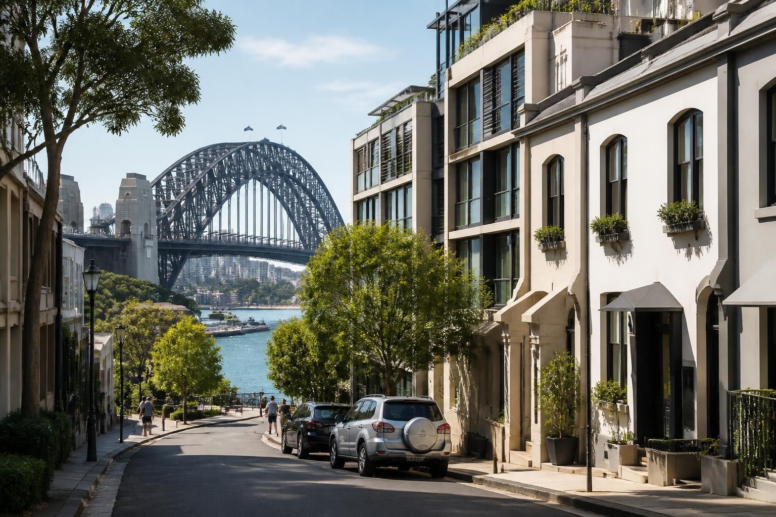 Bright Sydney street near the harbor with modern buildings.