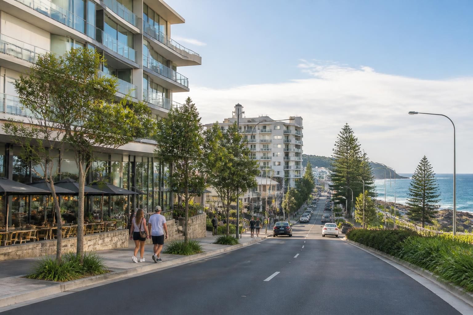 Wollongong street with modern buildings and seaside atmosphere.